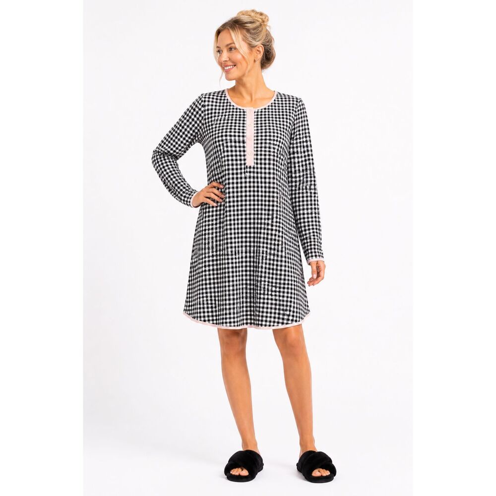 SweetHoney Black & White Gingham Long Sleeve Nightgown Henley Sleep Shirt Sz M
